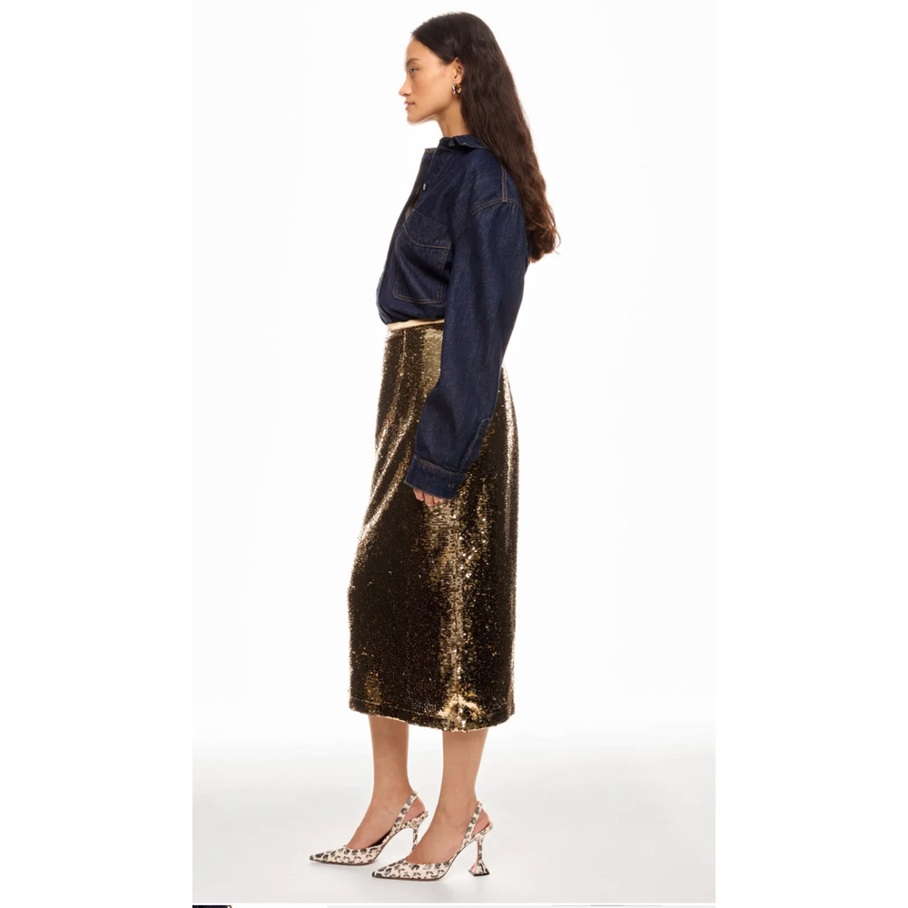 MARIE OLIVER NWT Wray Midi Skirt in Gold Sequin // 2 - Picture 3 of 15